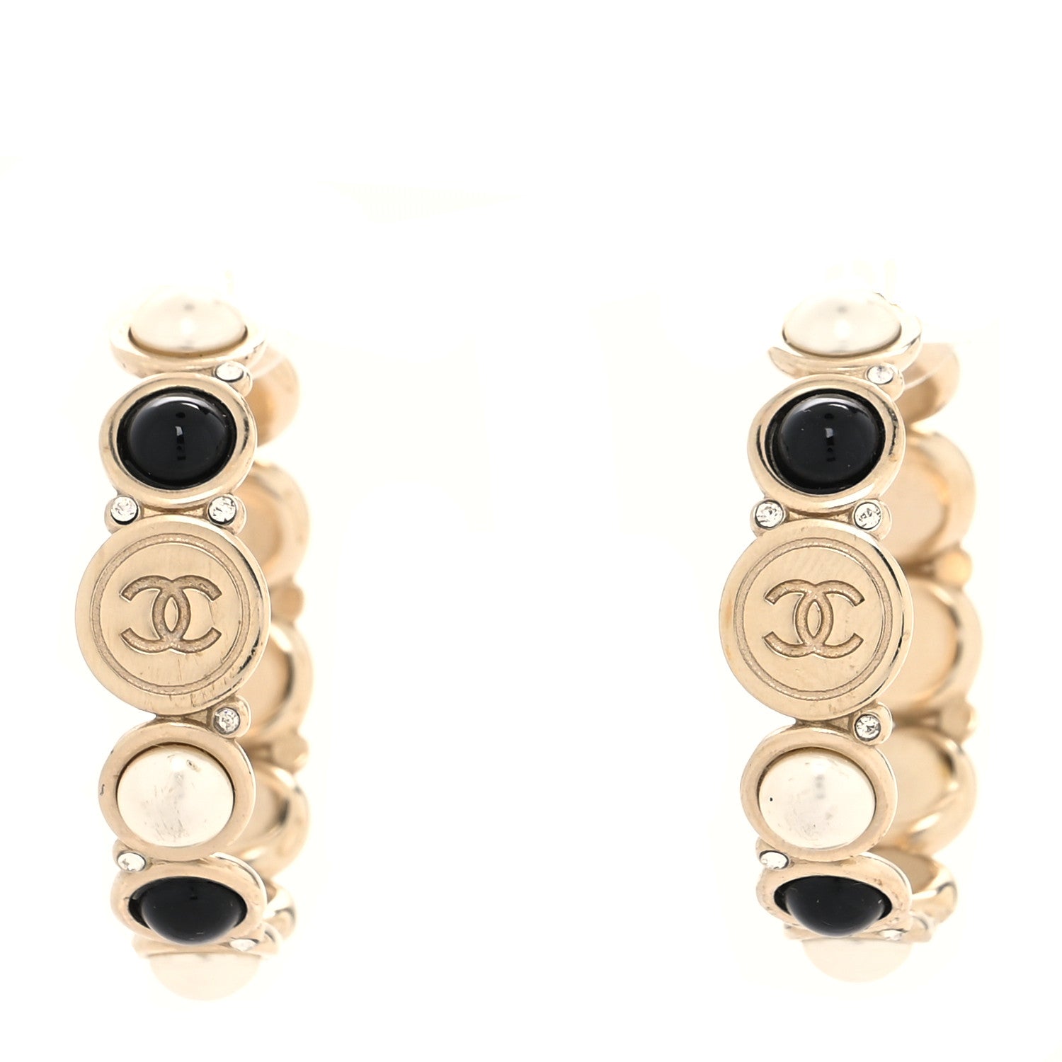 Chanel Crystal Pearl Metal Resin Polka Dot Hoop Earrings Gold Black 1 of 4