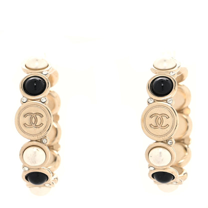 Chanel Crystal Pearl Metal Resin Polka Dot Hoop Earrings Gold Black 1 of 4