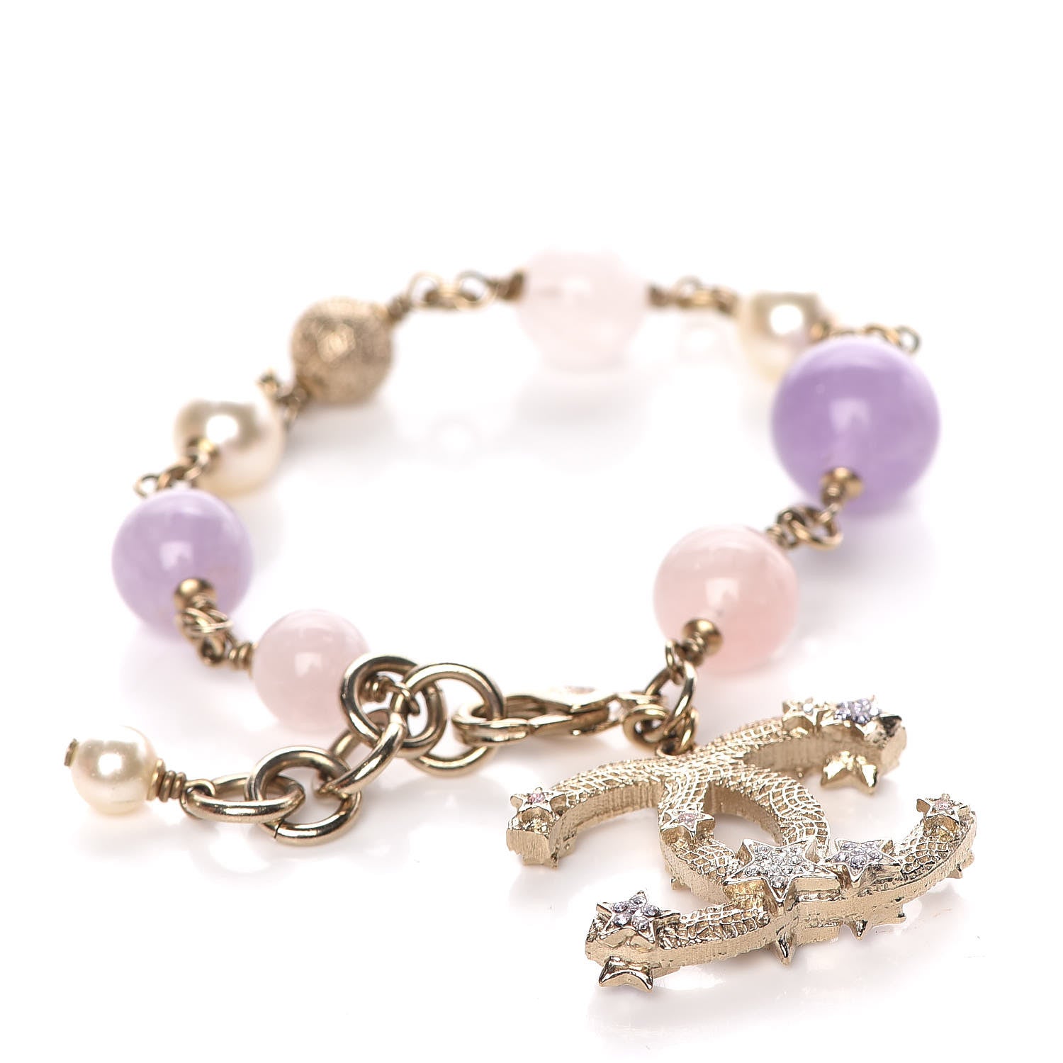 Chanel Pearl Beaded Crystal Star CC Bracelet Purple Gold 1 of 5