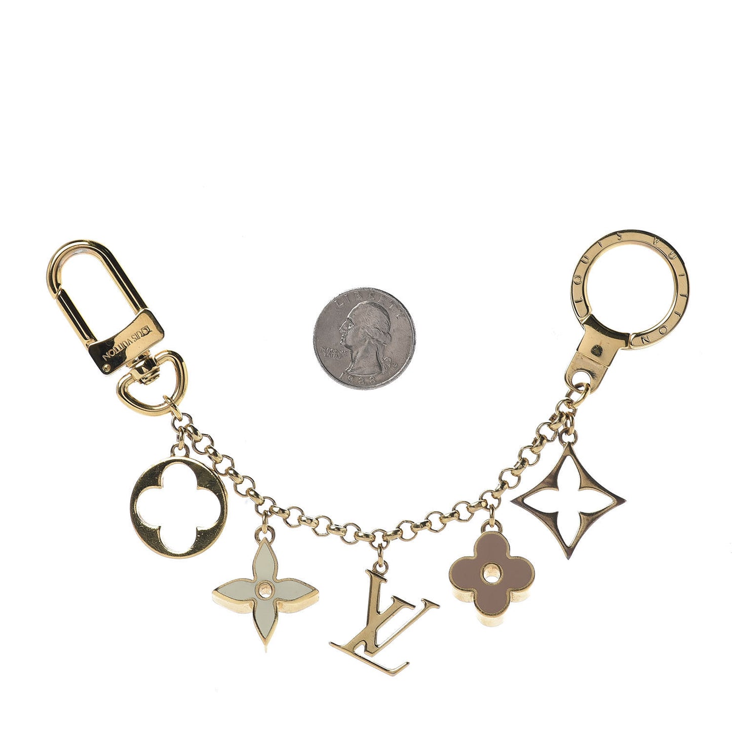 Brass Enamel Fleur De Monogram Bag Charm Chain Gold