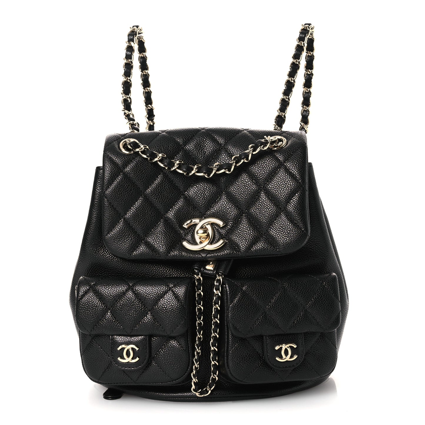 Shiny Caviar Quilted Medium Duma Pockets Drawstring Backpack Black