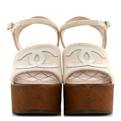 Chanel Fabric Patent Calfskin Platform Wedge Sandals 37 Ivory White 3 of 10