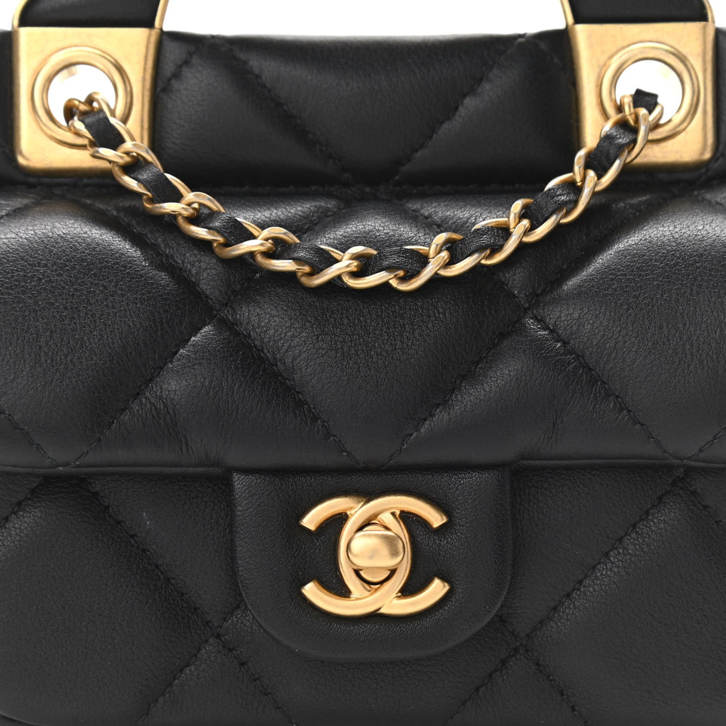 Calfskin Quilted Lady Handle Flap Card Holder With Chain Black