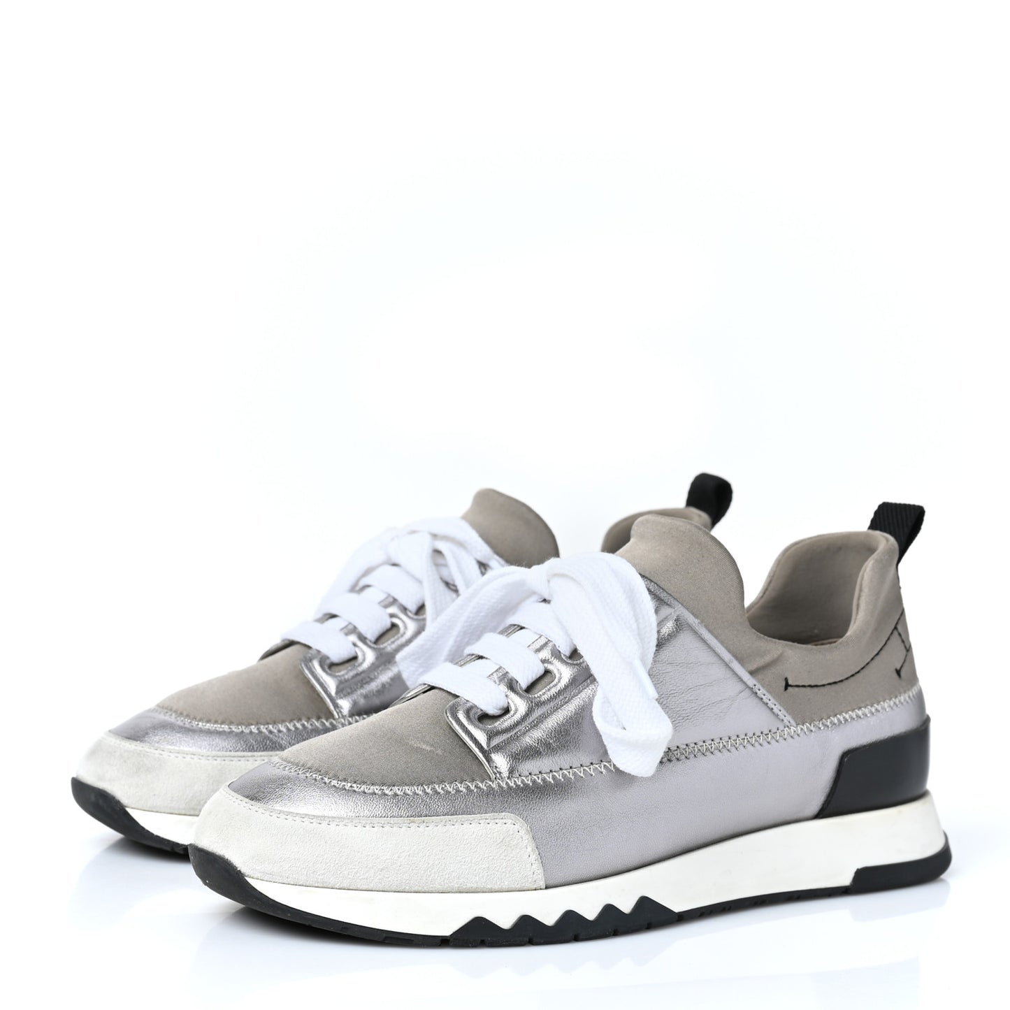 Technical Canvas Metallic Goatskin Womens Stadium Sneakers 35.5 Silver