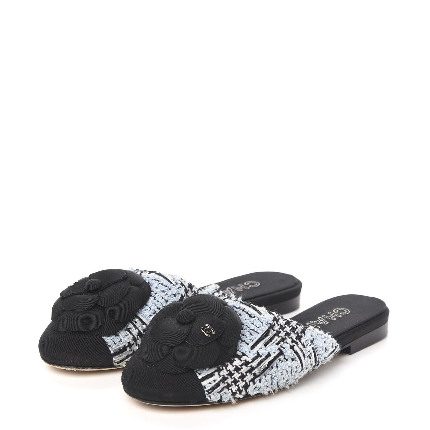 Tweed Grosgrain Camellia CC Flat Mules 35.5 Blue Silver Black