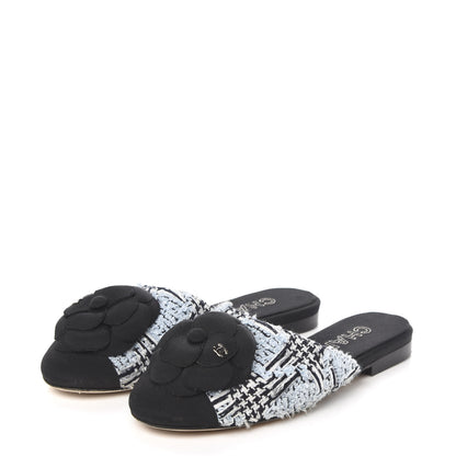 Chanel Tweed Grosgrain Camellia CC Flat Mules 35.5 Blue Silver Black 3 of 8