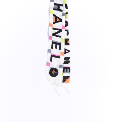 Chanel Silk Logo Slim Bandeau Scarf White Black Orange 2 of 3