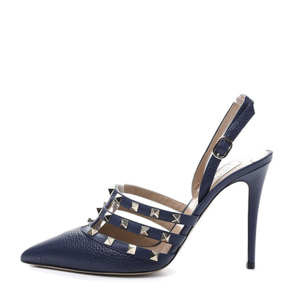 Valentino Garavani Pebbled Calfskin Rockstud Cage Slingback Pumps 40 Pure Blue 1 of 9