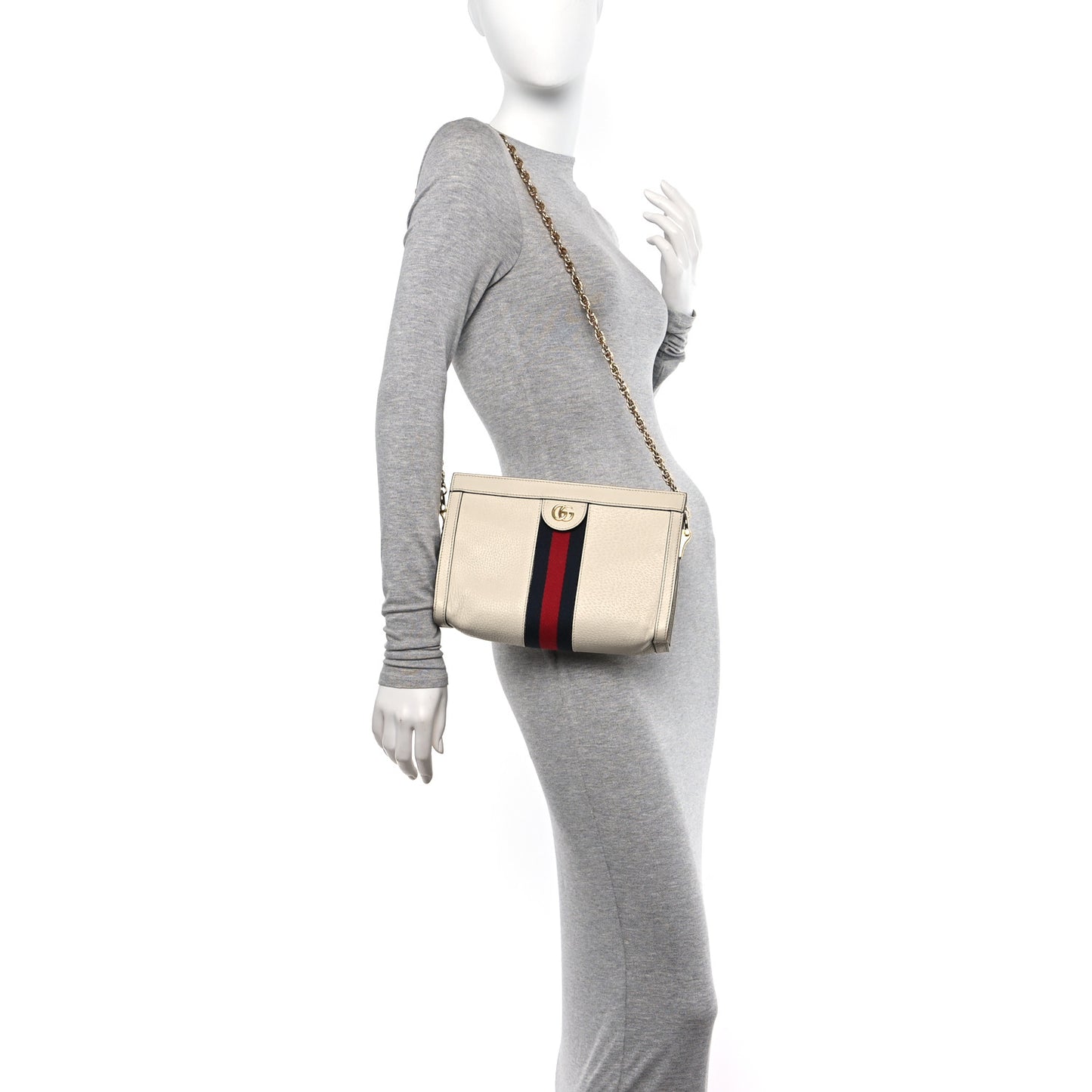 Textured Calfskin Web Small Ophidia Chain Shoulder Bag Mystic White