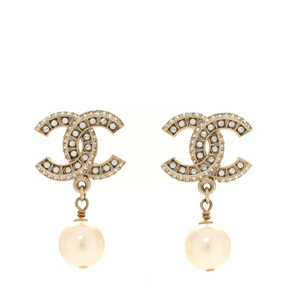 Chanel Crystal Timeless CC Pearl Drop Earrings Light Gold 1 of 6