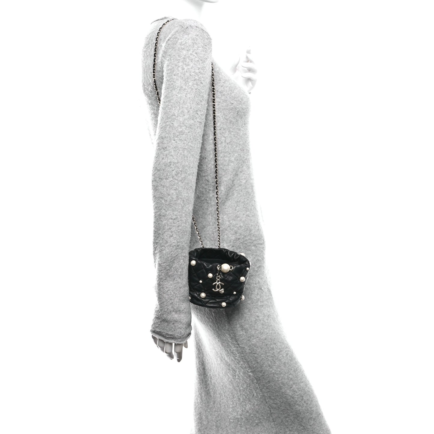 Lambskin Quilted Pearl Mini About Pearls Drawstring Bag Black