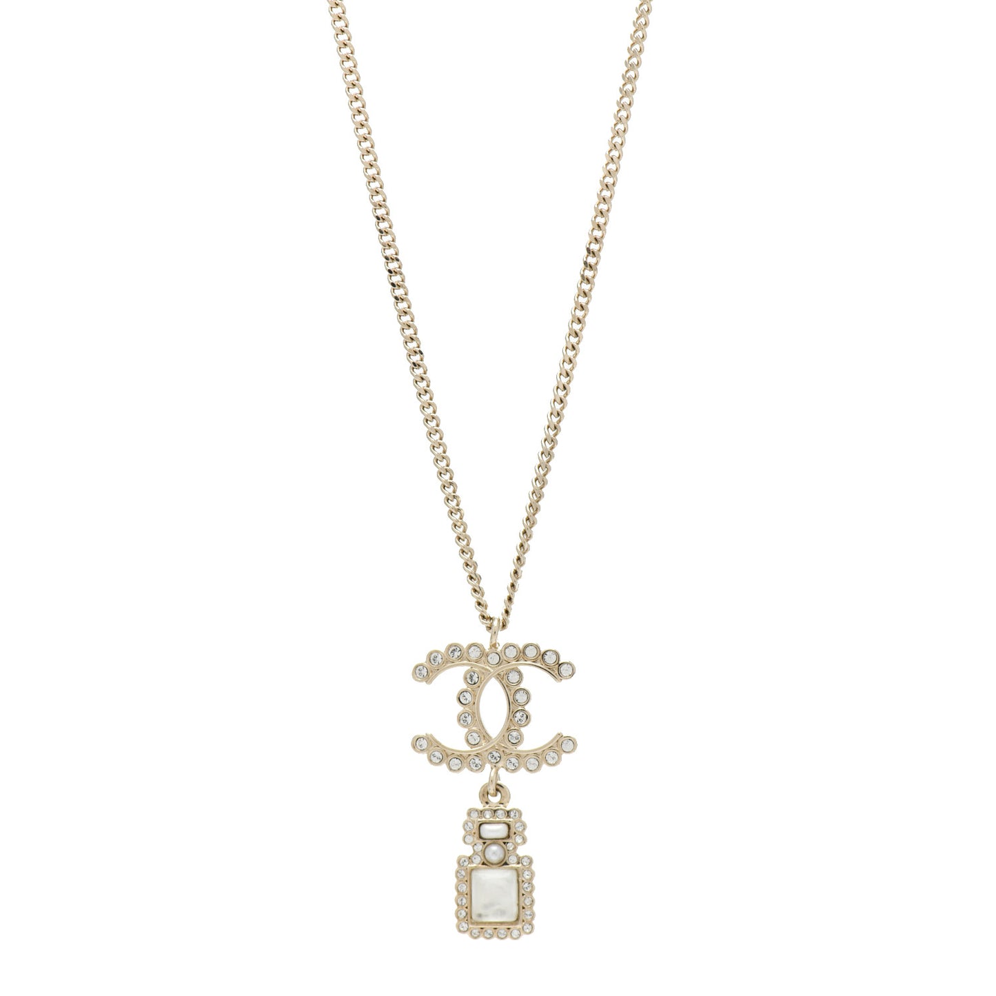 Crystal Pearl CC Perfume Bottle Necklace Pearly White Gold
