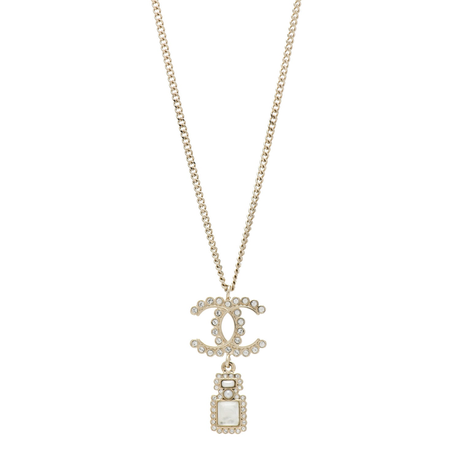 Chanel Crystal Pearl CC Perfume Bottle Necklace Pearly White Gold 1 of 4