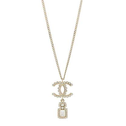 Chanel Crystal Pearl CC Perfume Bottle Necklace Pearly White Gold 1 of 4