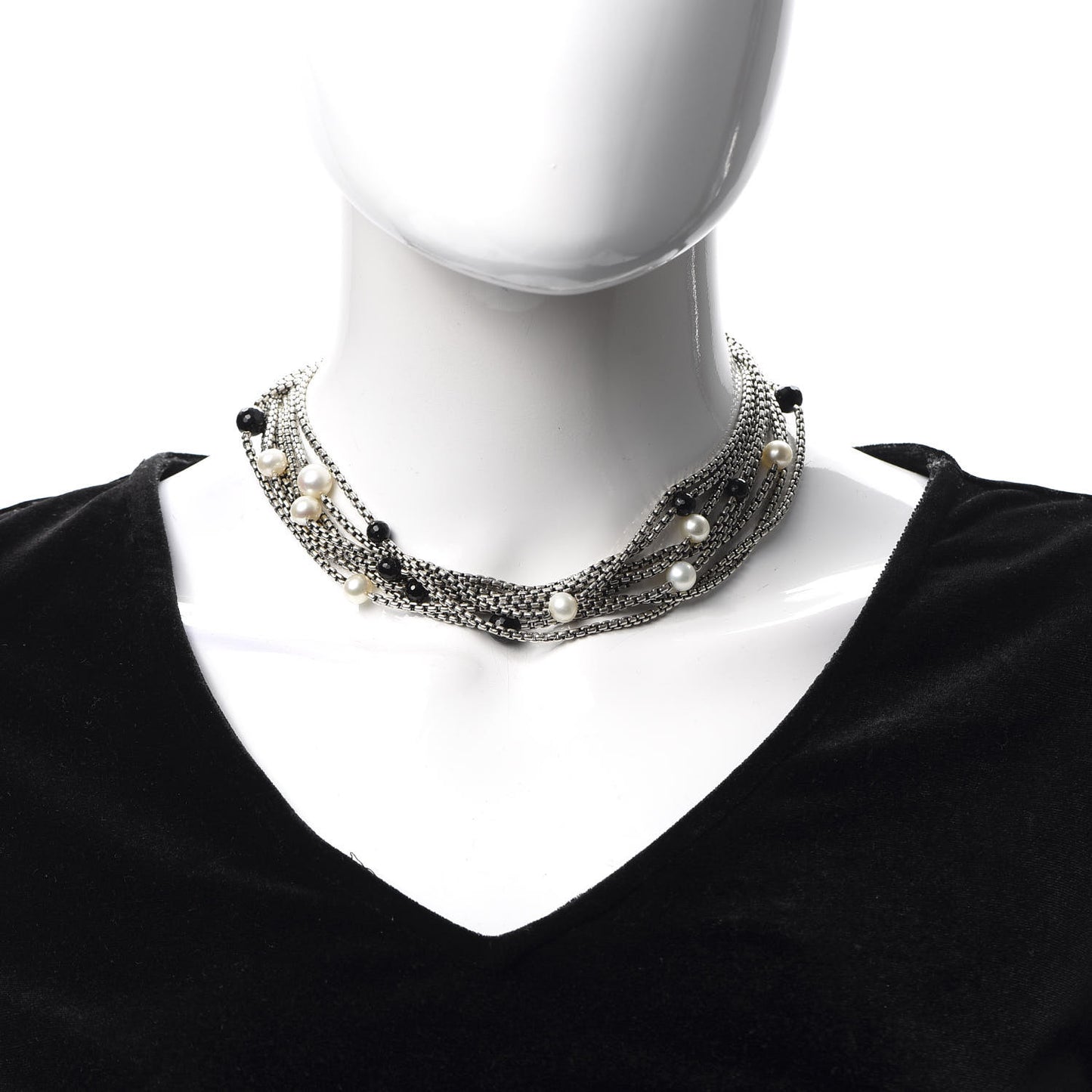 Sterling Silver 18K Yellow Gold Pearl Black Onyx Multi Strand Necklace