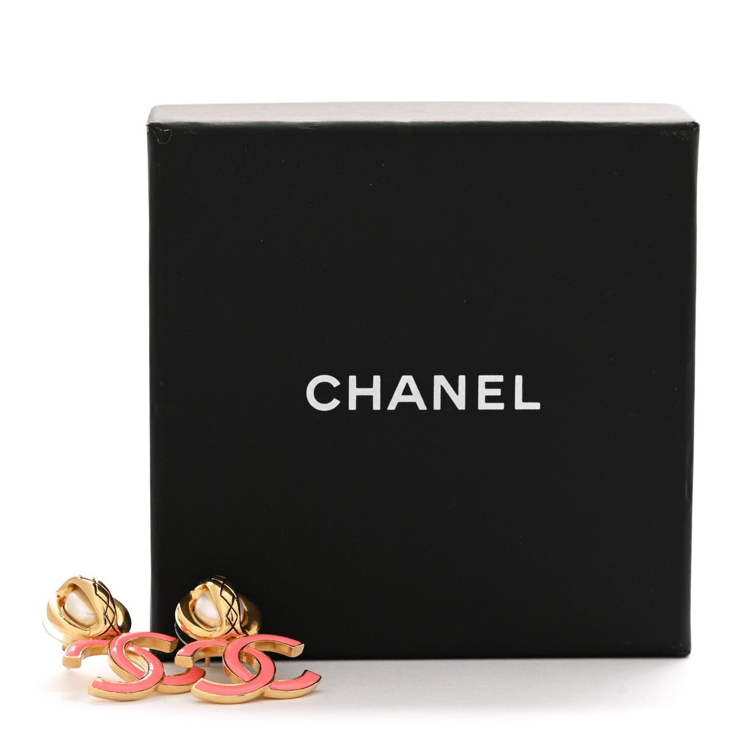 Metal Enamel Pearl CC Drop Earrings Gold Pink