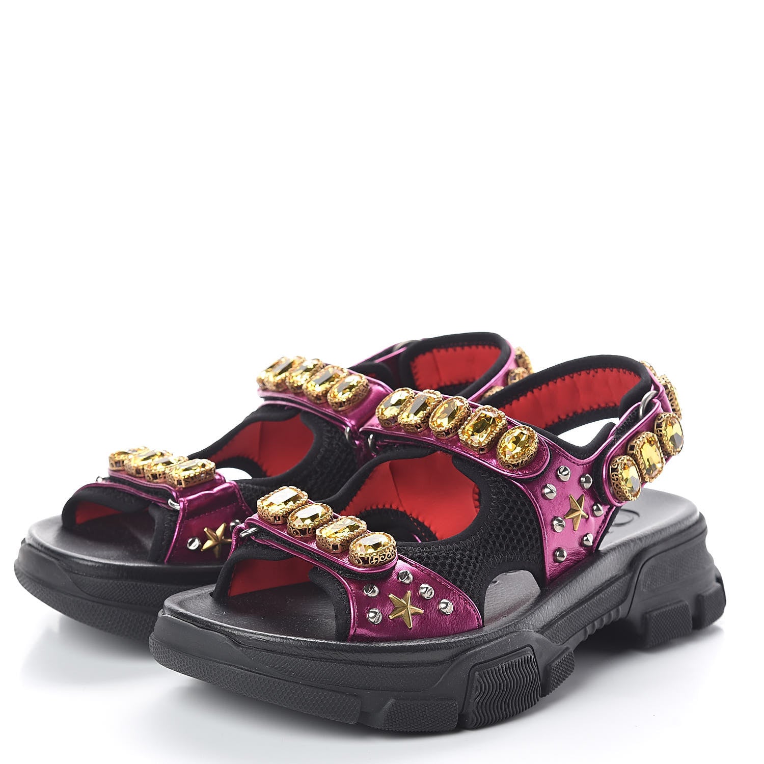 Gucci Nappa Mesh Crystal Embellished Studded Womens Aguru Sandals 40 Pink Black 3 of 8