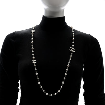 Chanel Pearl Enamel Bead CC Long Necklace  Silver White 2 of 4