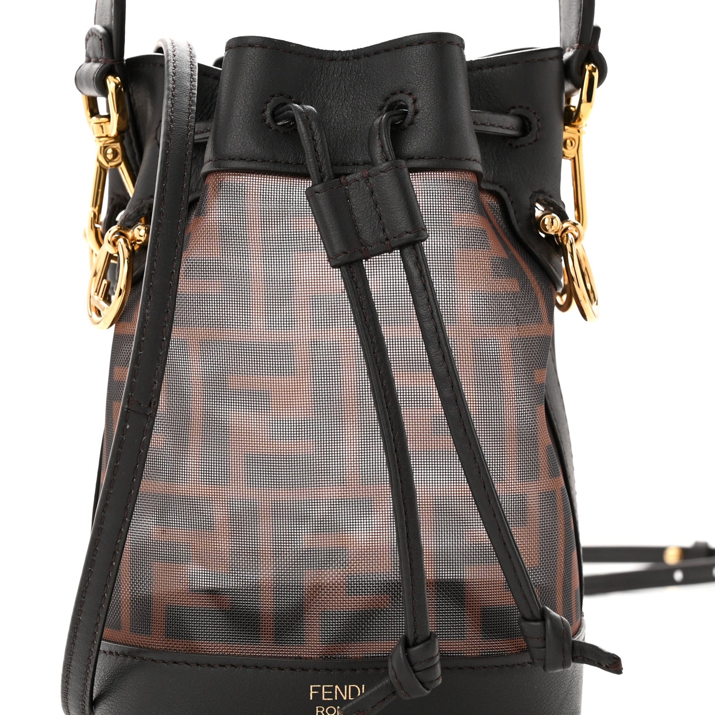 Mesh Vitello Grace F is Fendi FF 1974 Mini Mon Tresor Bucket Bag Marrone Black Ebano
