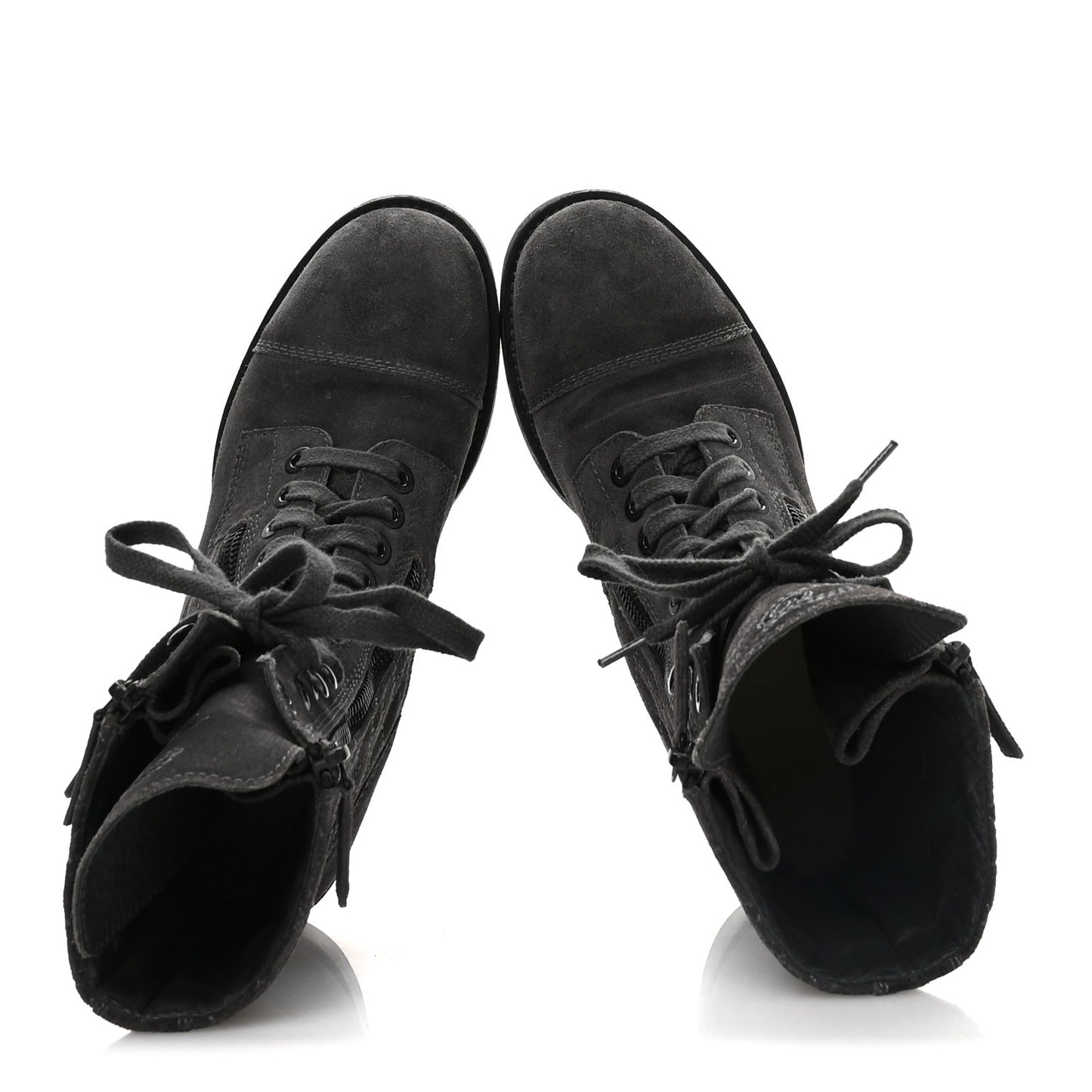 Suede Quilted CC Tall Lace Up Combat Boots 38 Grey