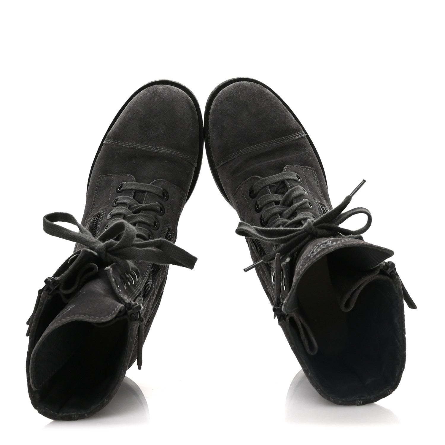 Chanel Suede Quilted CC Tall Lace Up Combat Boots 38 Grey 2 of 8