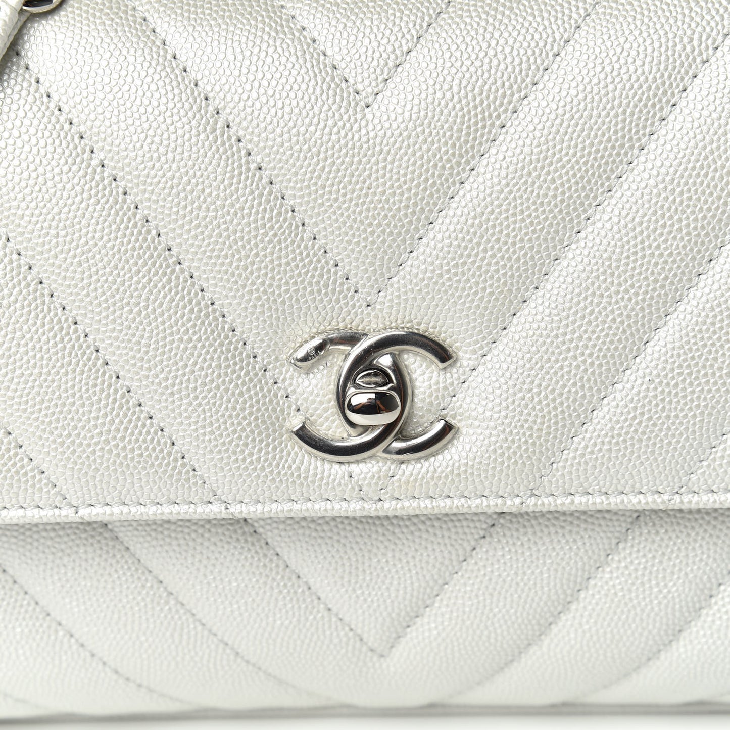 Iridescent Caviar Chevron Quilted Mini Coco Handle Flap White