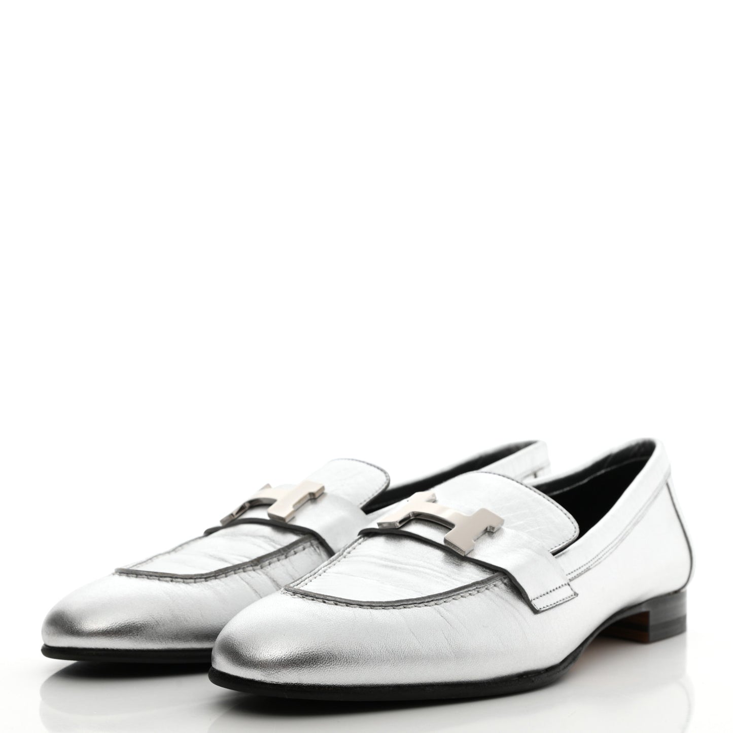 Metallic Goatskin Paris Loafers 37.5 Gris Argente