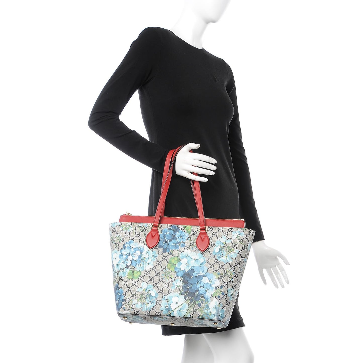 GG Supreme Monogram Blooms Medium Zippered Bucket Tote Beige Blue Navy Hibiscus Red