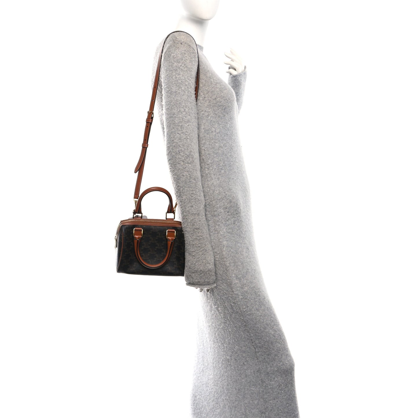 Triomphe Canvas Calfskin Small Boston Bag Tan