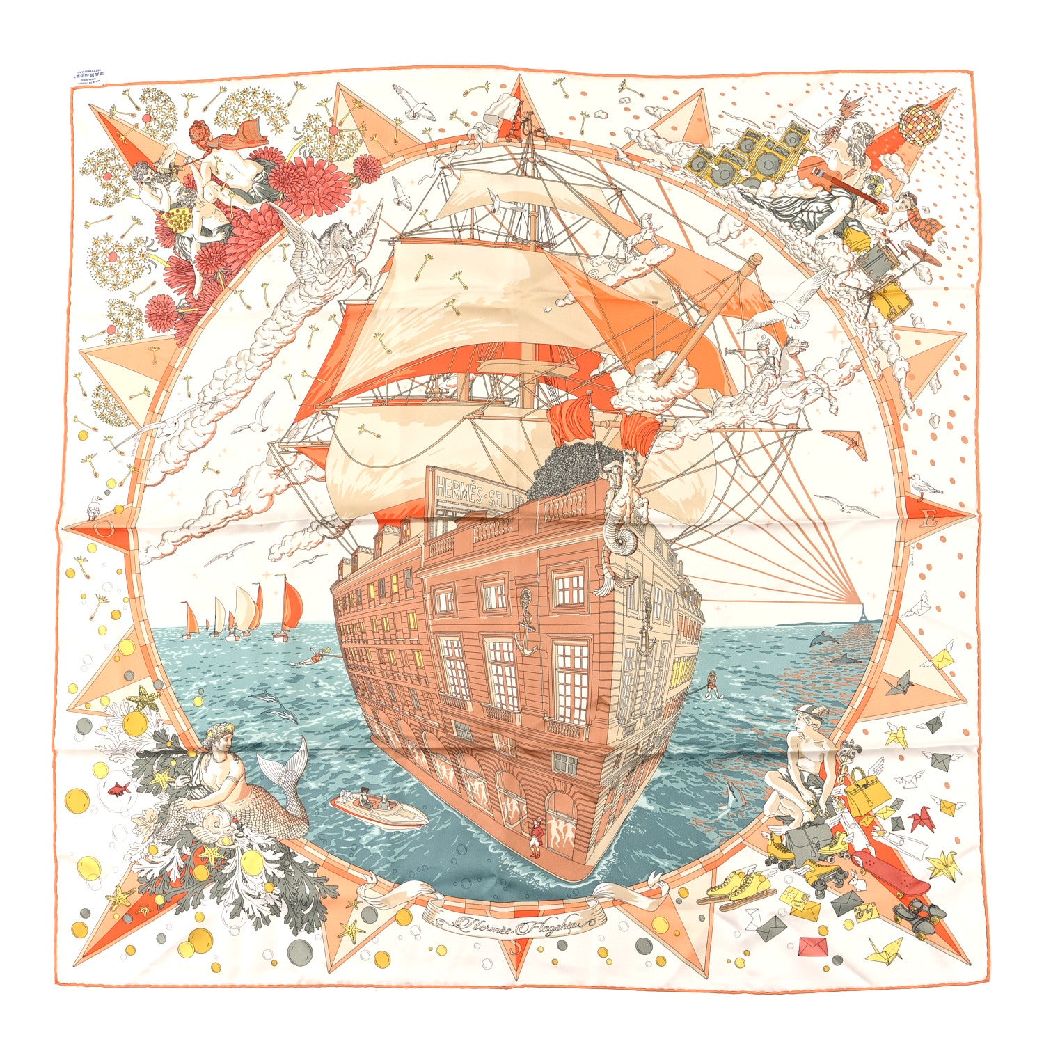 Hermes Silk Flagship Scarf 90 Creme Orange Vert 1 of 3