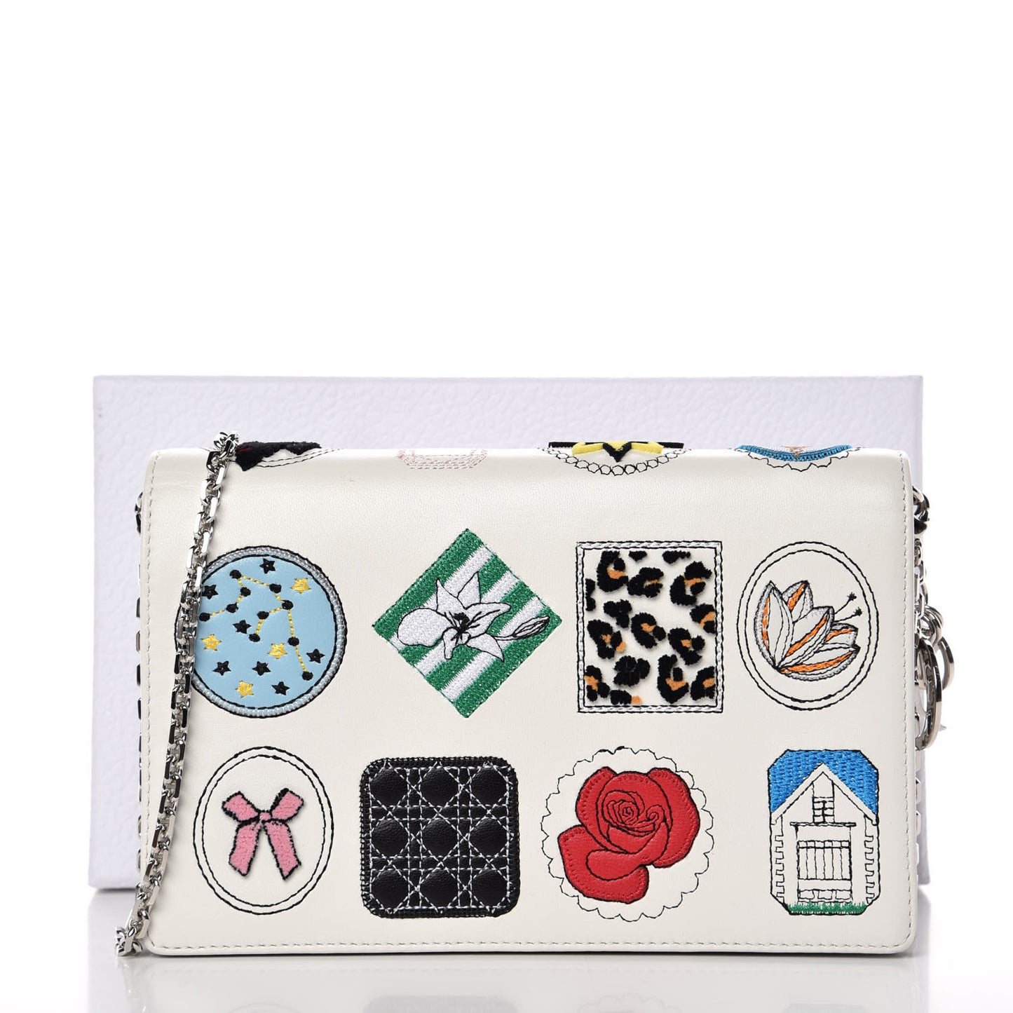 Calfskin Badges Chain Wallet White