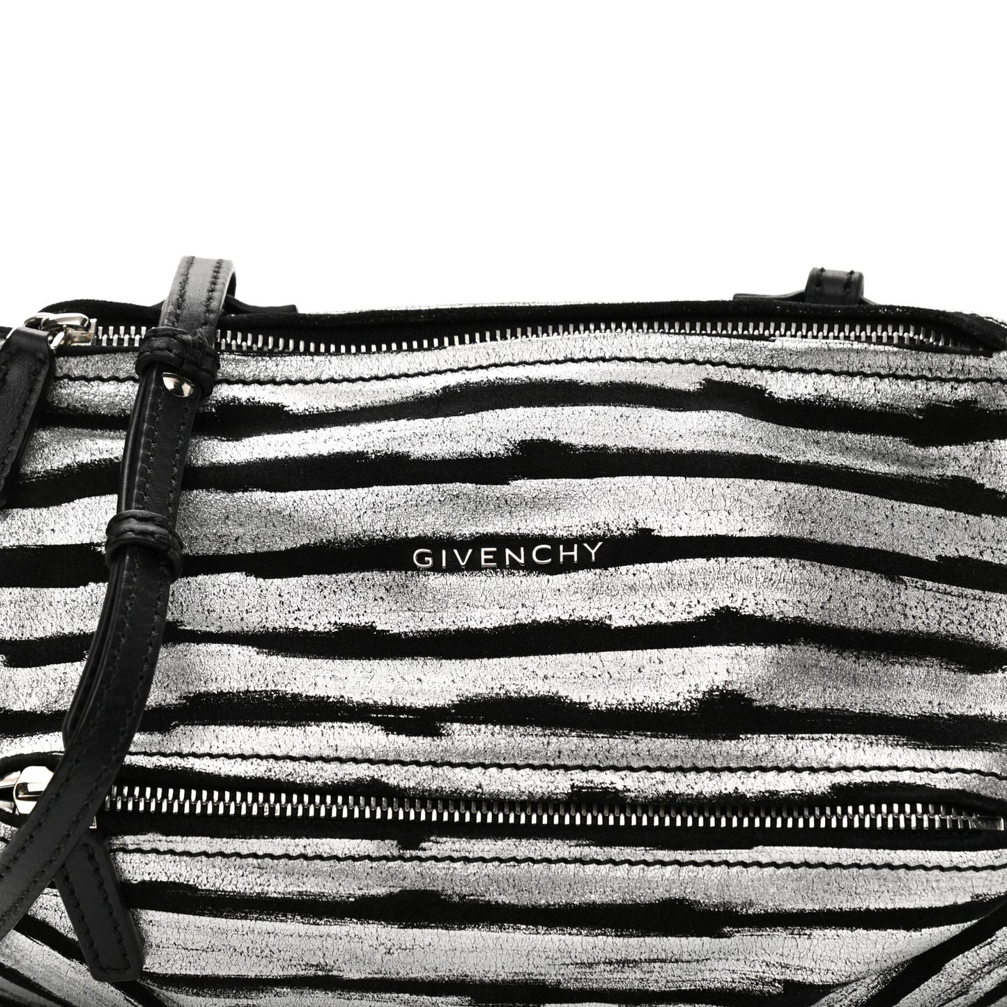 Metallic Calfskin Striped Mini Pandora Black Silver