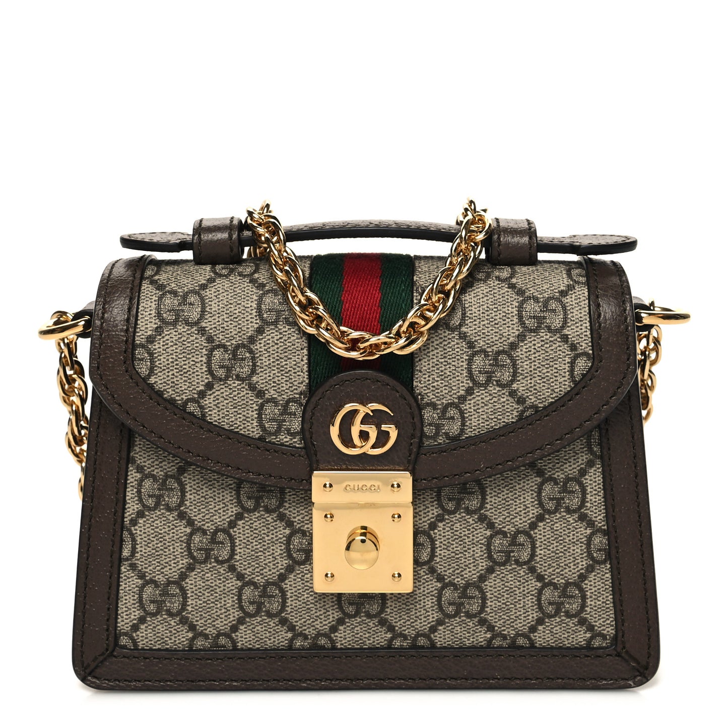GG Supreme Monogram Textured Dollar Calfskin Web Mini Ophidia Padlock Top Handle Chain Shoulder Bag Beige Ebony New Acero