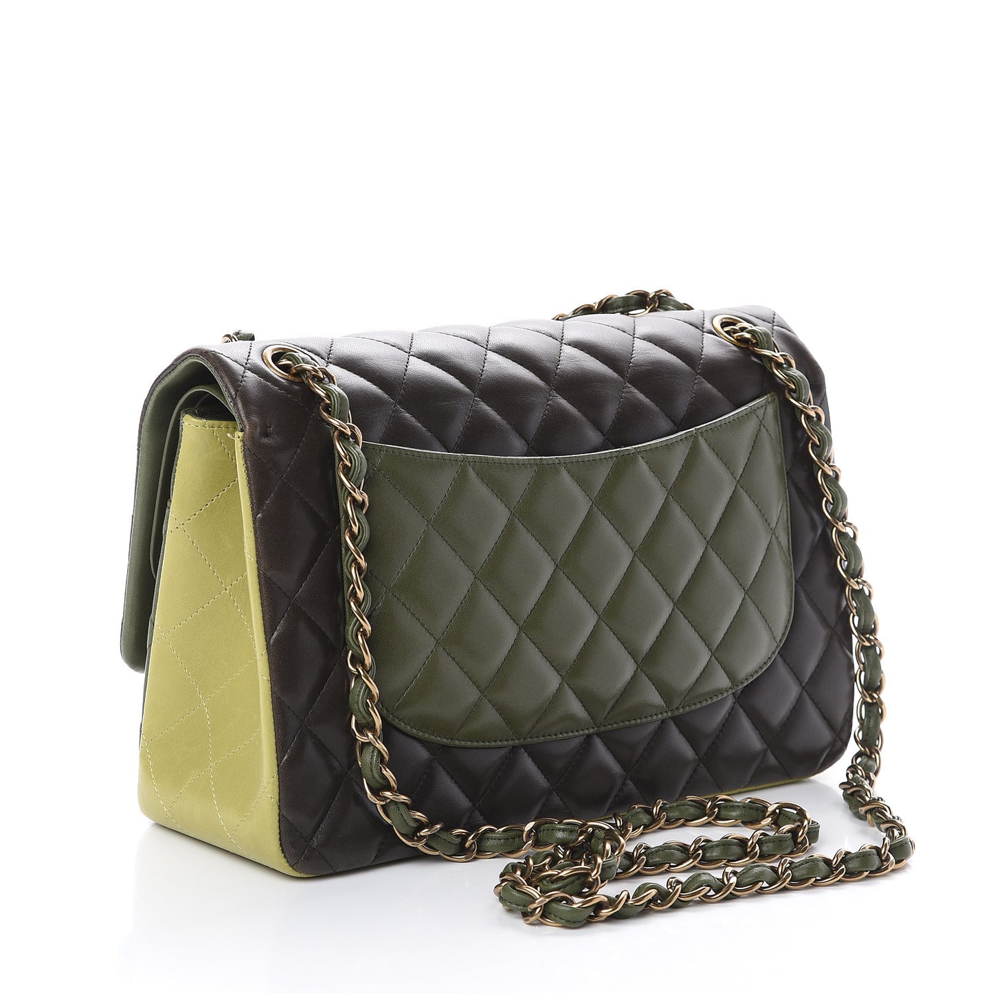 Lambskin Quilted Tri-Color Jumbo Double Flap Green Brown