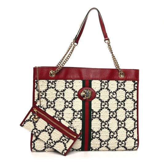 Tweed GG Monogram Large Rajah Chain Tote White Black Romantic Cherry