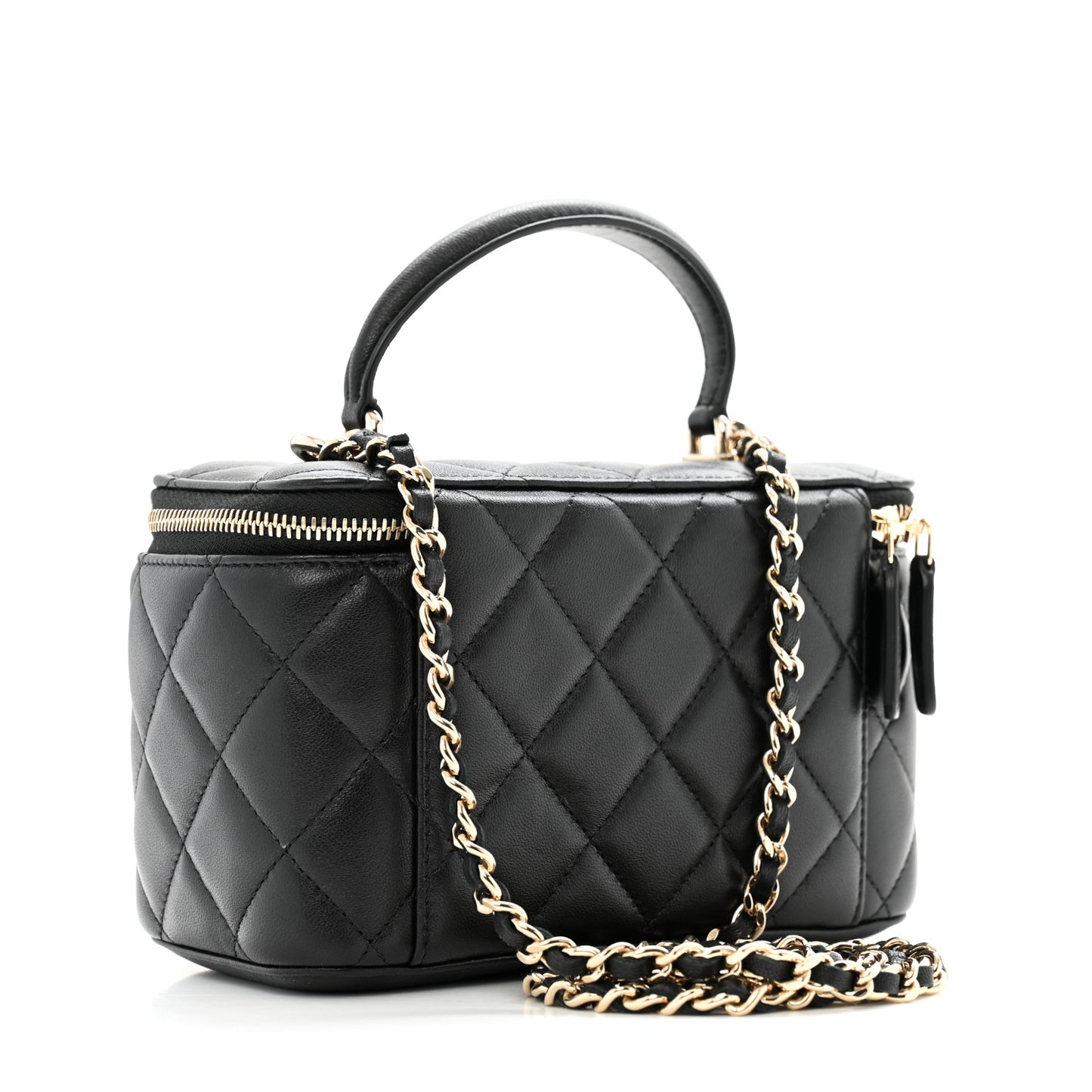 Lambskin Quilted Small Top Handle Vanity Case With Chain Black