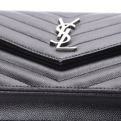 Saint Laurent Grain De Poudre Matelasse Chevron Monogram Envelope Chain Wallet Black 12 of 13