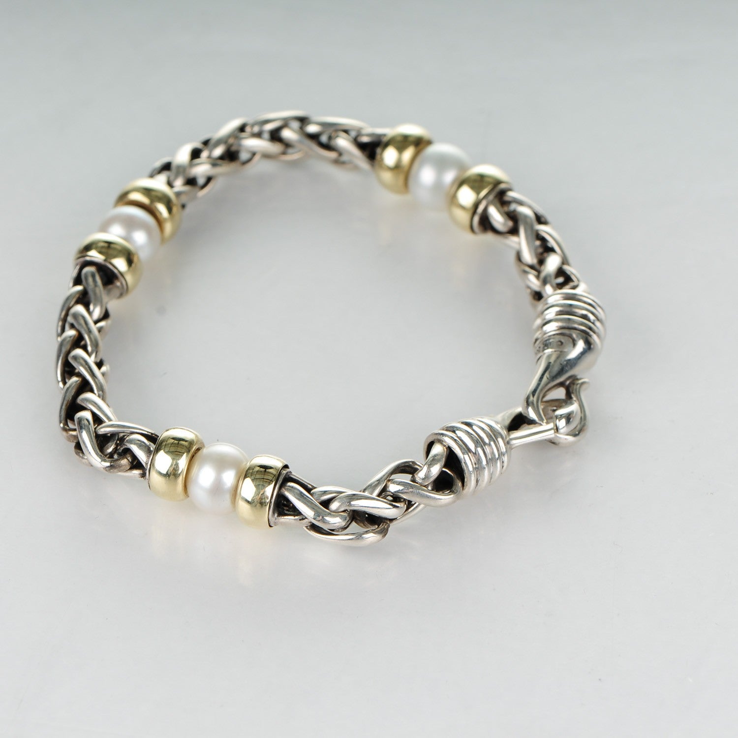 David Yurman Sterling Silver 14K Yellow Gold Pearl 5mm Hampton Bracelet 3 of 5