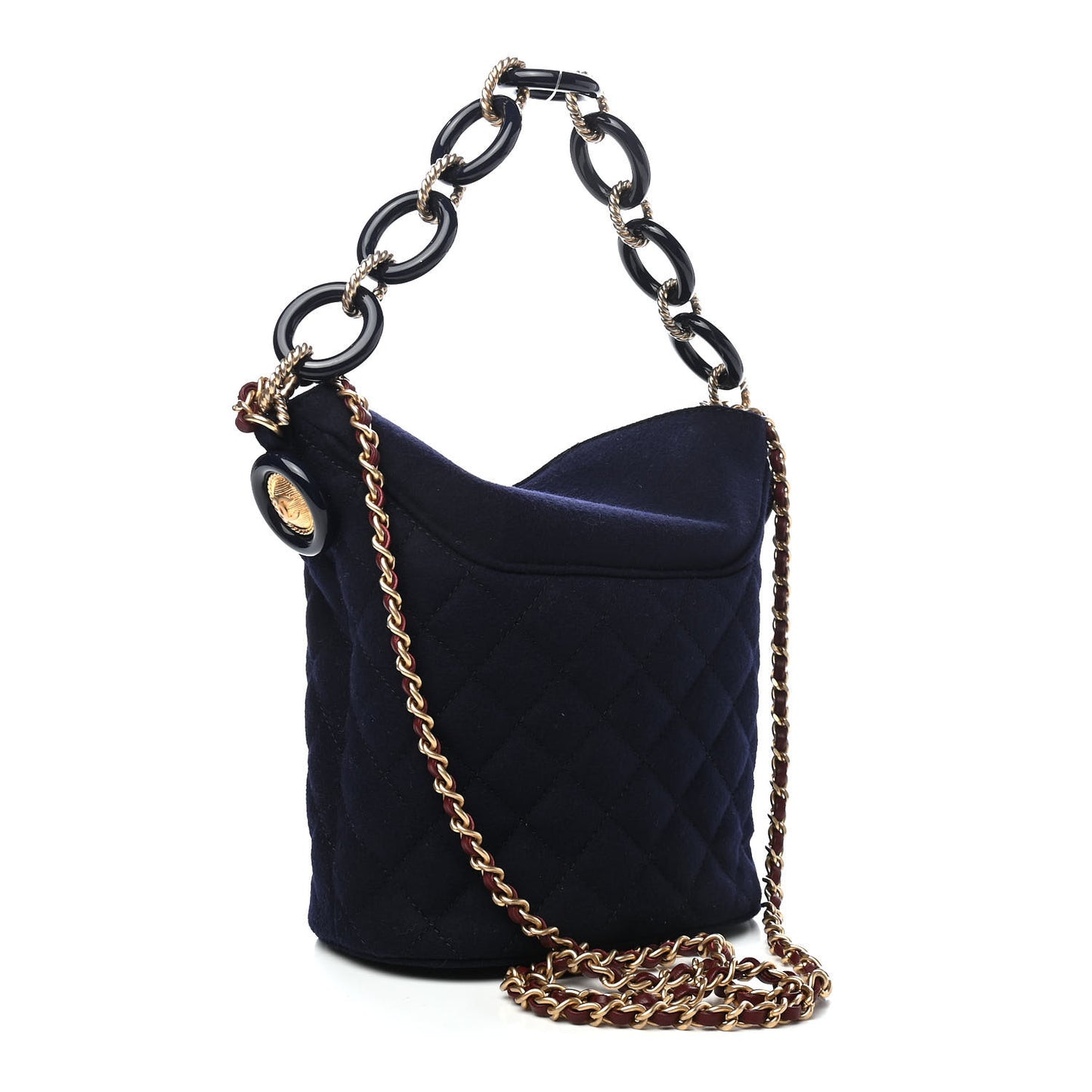 Felt Quilted Paris Hamburg Charms Drawstring Bucket Bag Dark Navy
