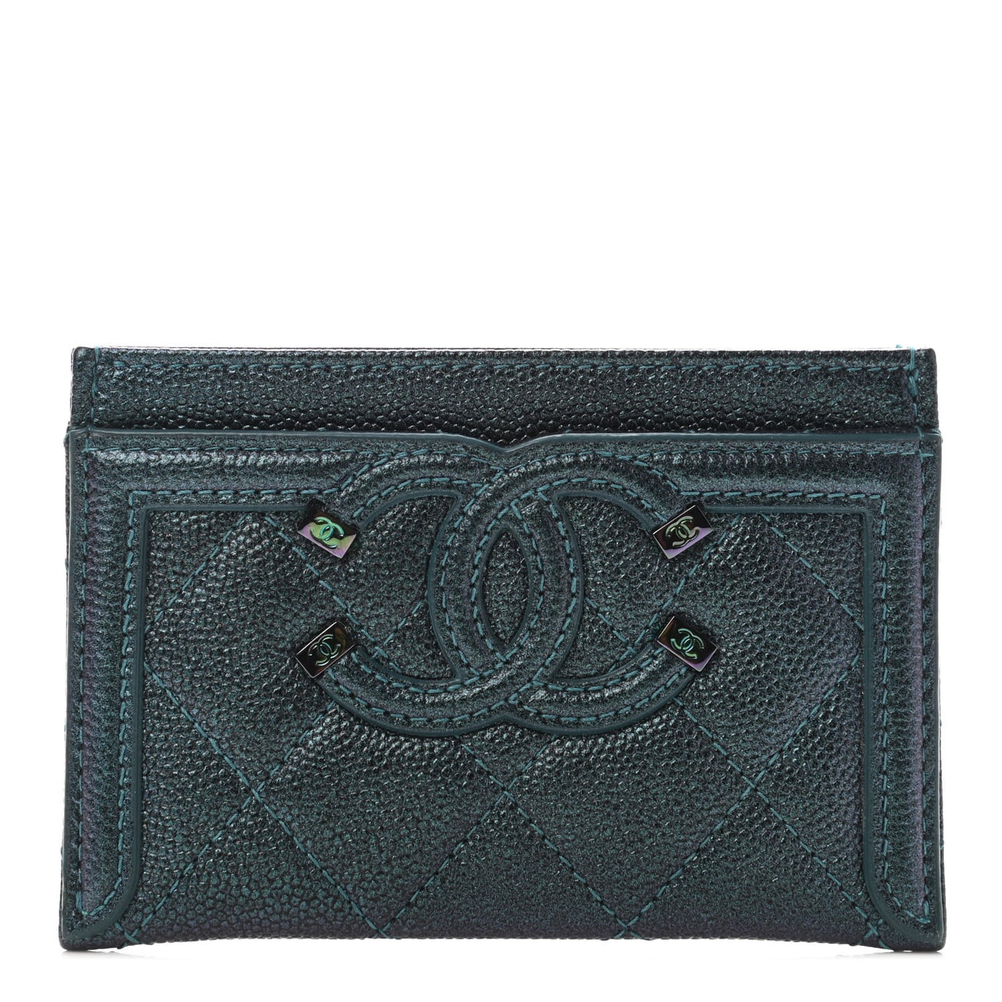 Iridescent Caviar Quilted Filigree Card Holder Dark Turquoise