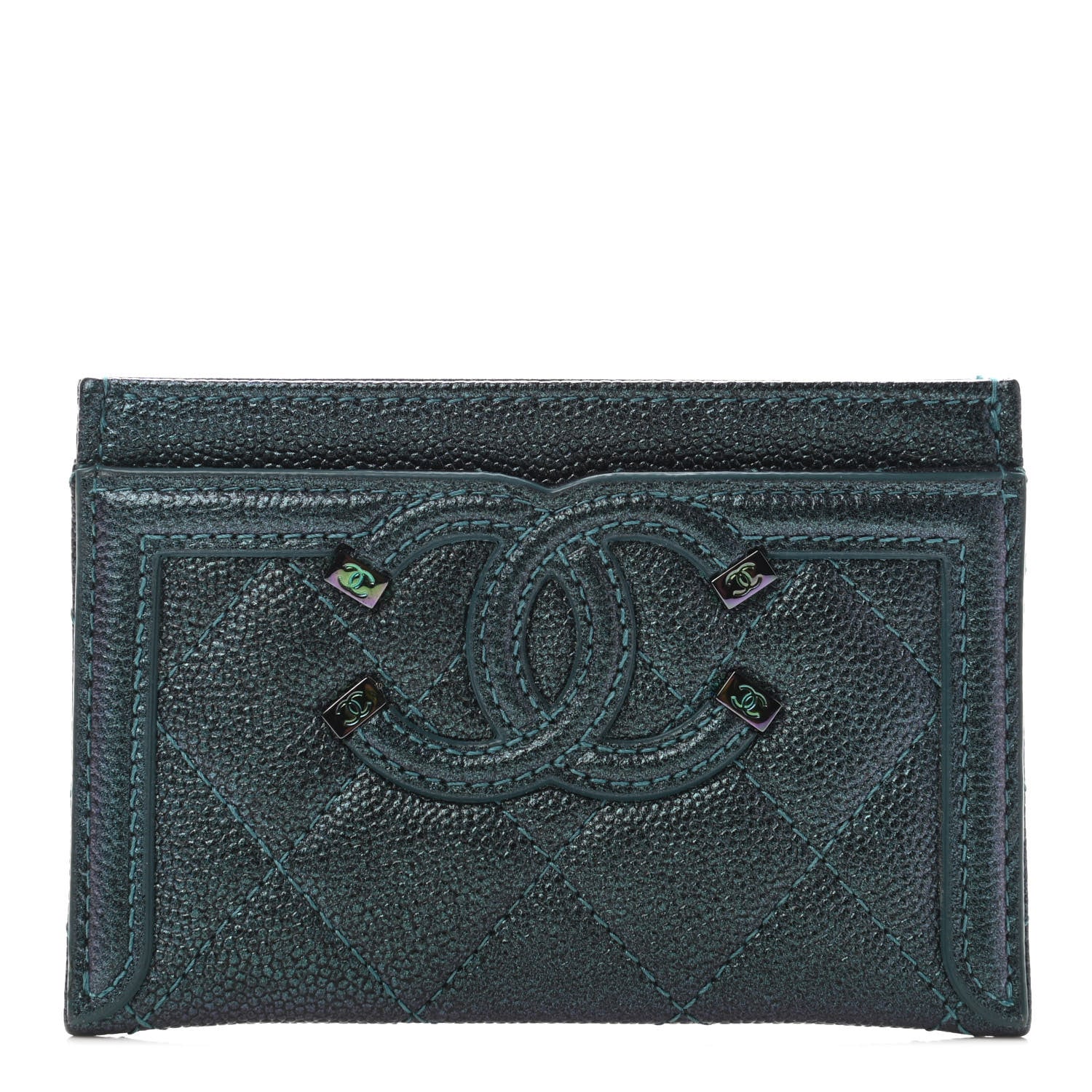 Chanel Iridescent Caviar Quilted Filigree Card Holder Dark Turquoise 1 of 4