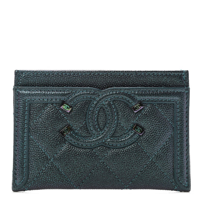 Chanel Iridescent Caviar Quilted Filigree Card Holder Dark Turquoise 1 of 4