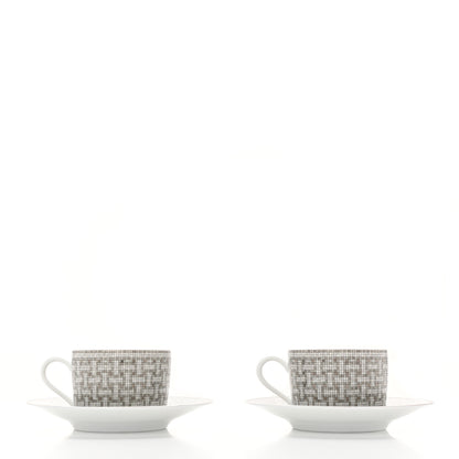 Hermes Porcelain Mosaique Au 24 Platine Tea Cup And Saucer Set Of 2 Platinum 3 of 8