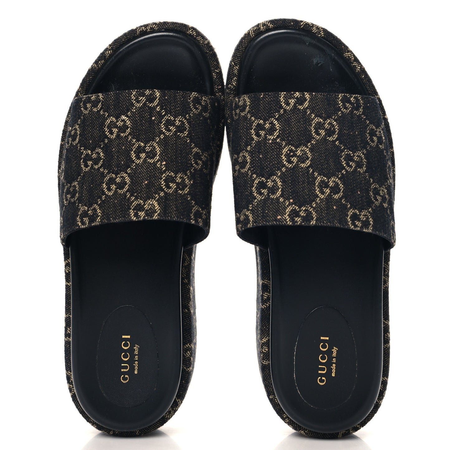Jacquard Black Denim GG Monogram Angelina Platform 55mm Slide Sandals 39 Black Ivory