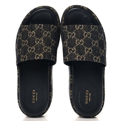 Gucci Jacquard Black Denim GG Monogram Angelina Platform 55mm Slide Sandals 39 Black Ivory 2 of 11