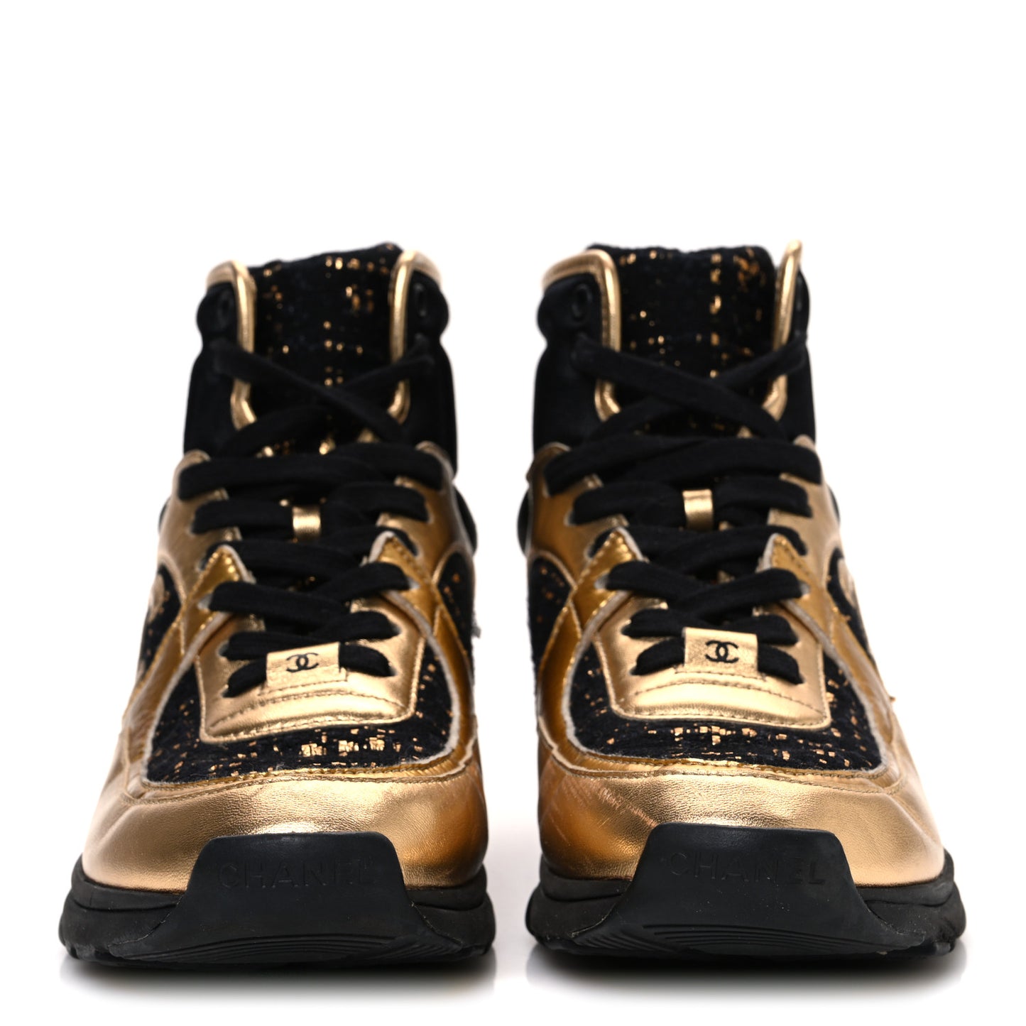 Satin Lambskin Fabric Tweed CC High Top Sneakers 38  Black Gold