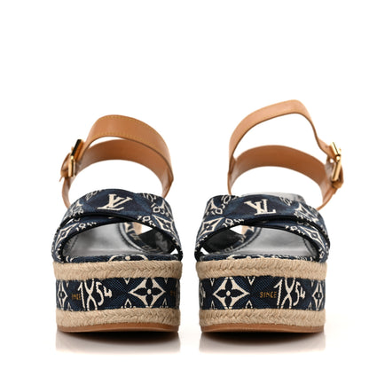 Louis Vuitton Jacquard Calfskin Since 1854 Boundary Wedge Sandals 37 Blue 2 of 7