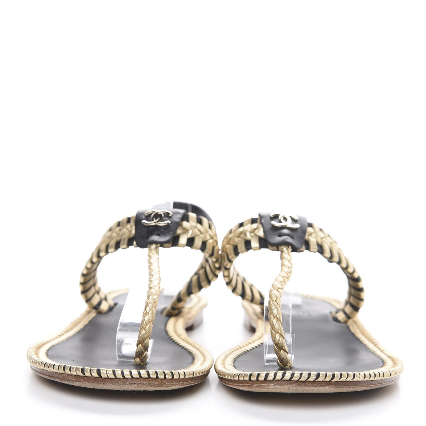 Metallic Lambskin Calfskin Braided Thong Sandals 39 Black Gold