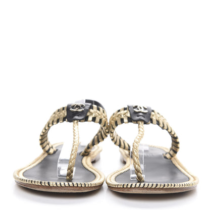 Chanel Metallic Lambskin Calfskin Braided Thong Sandals 39 Black Gold 2 of 8