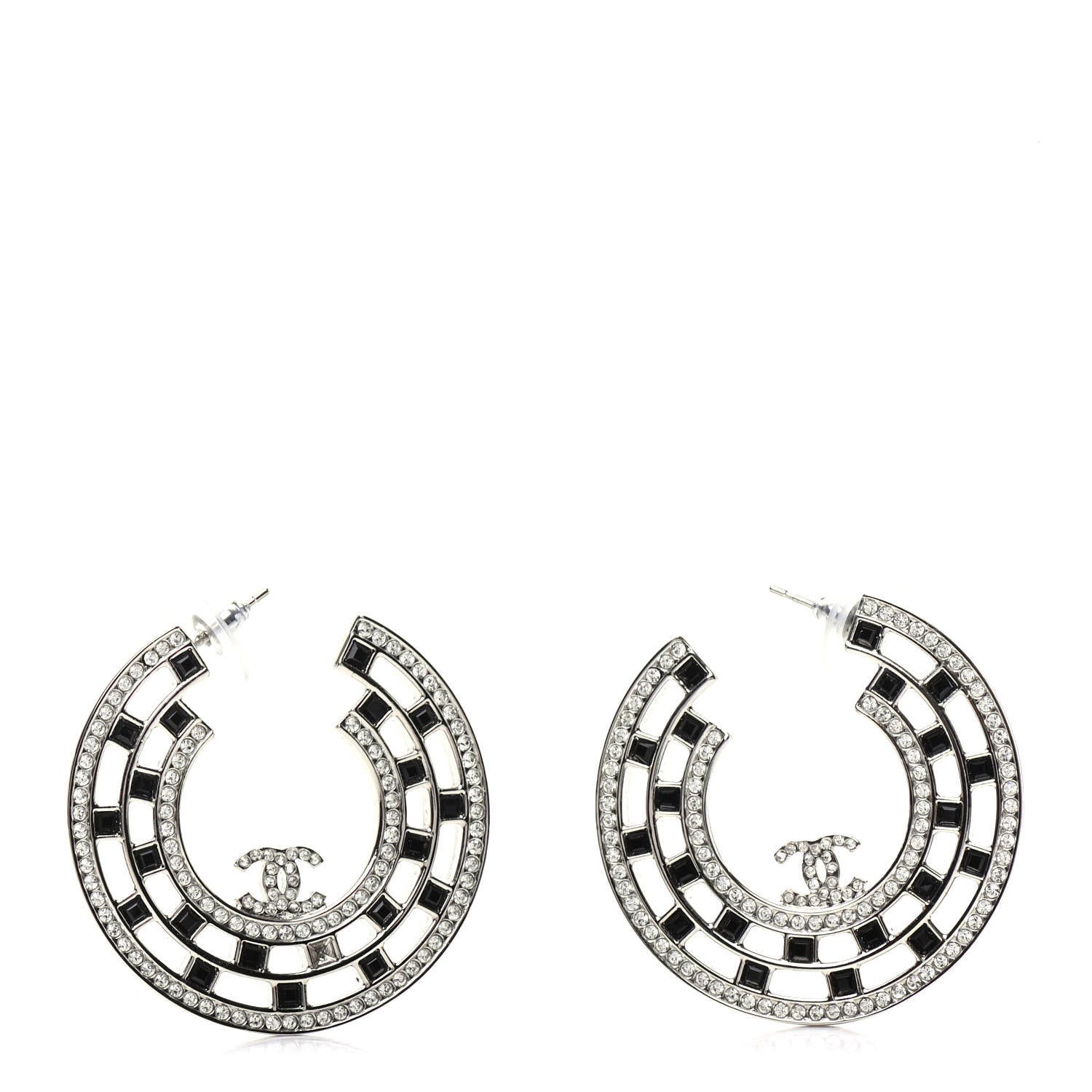 Chanel Baguette Crystal CC Hoop Earrings Silver Black 1 of 5